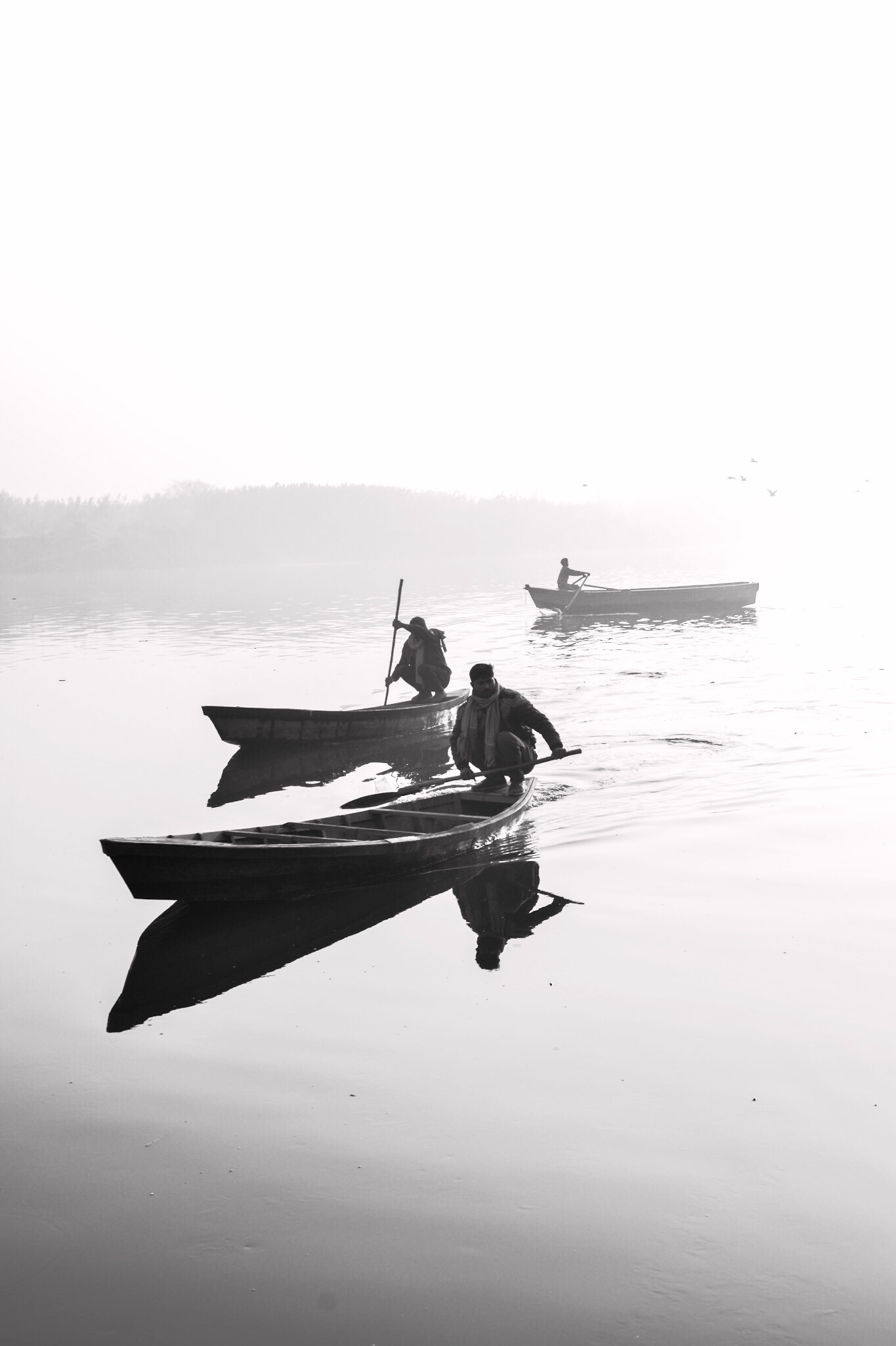 Three rowboats moving across a misty river